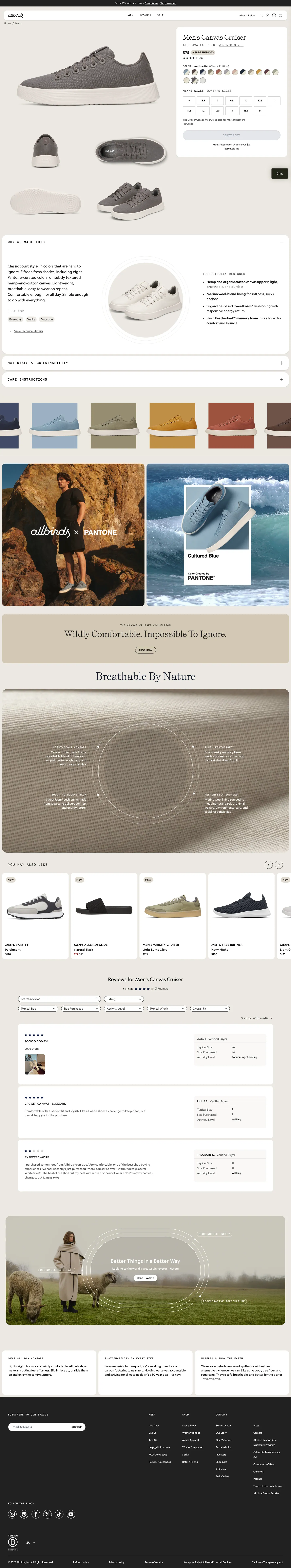 Allbirds — The product page features a prominent "SELECT A SIZE" button above the fold, which is the primary action to proceed with purchasing the item.
