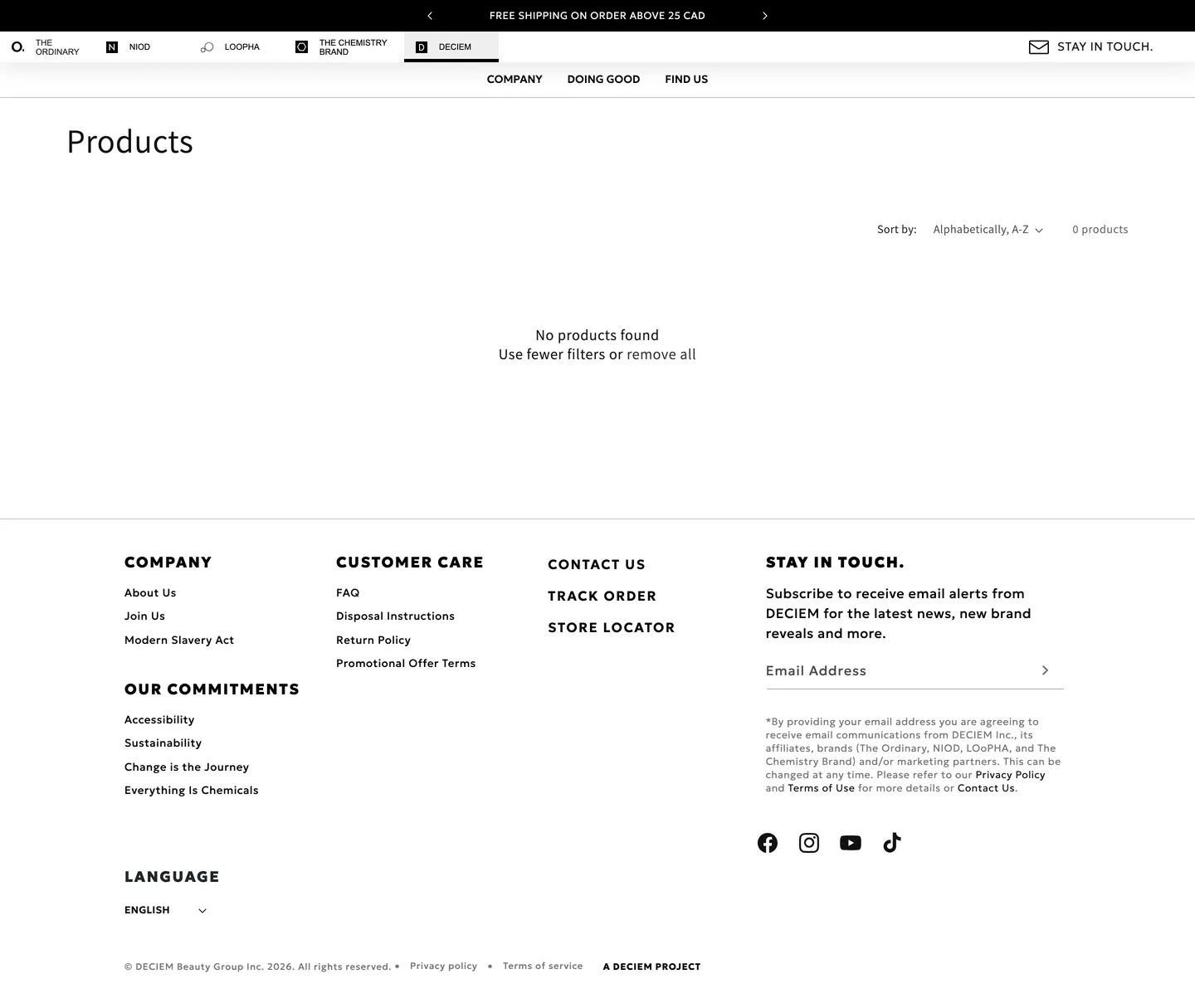 Category page sort bar at DECIEM — annotated example