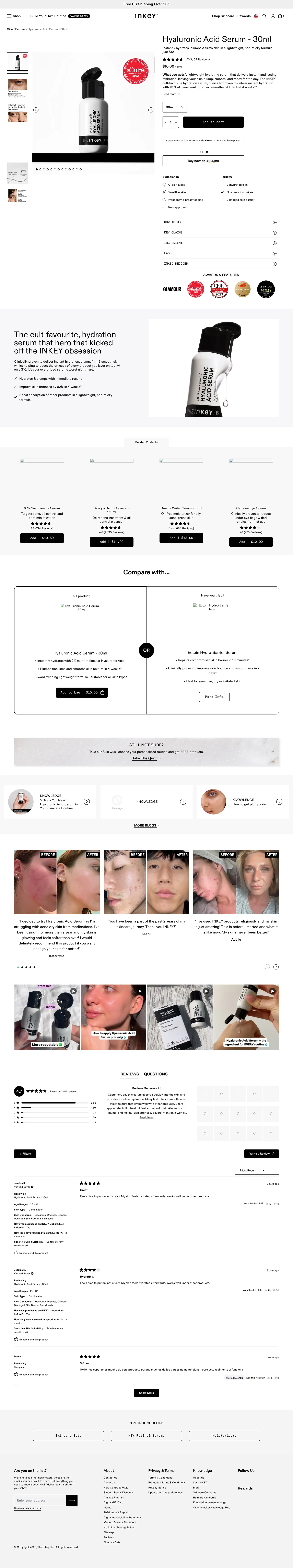 The INKEY List — The product page displays a prominent 'Add to cart' button above the fold, next to a quantity selector, and also includes a 'Buy now on amazon' button.