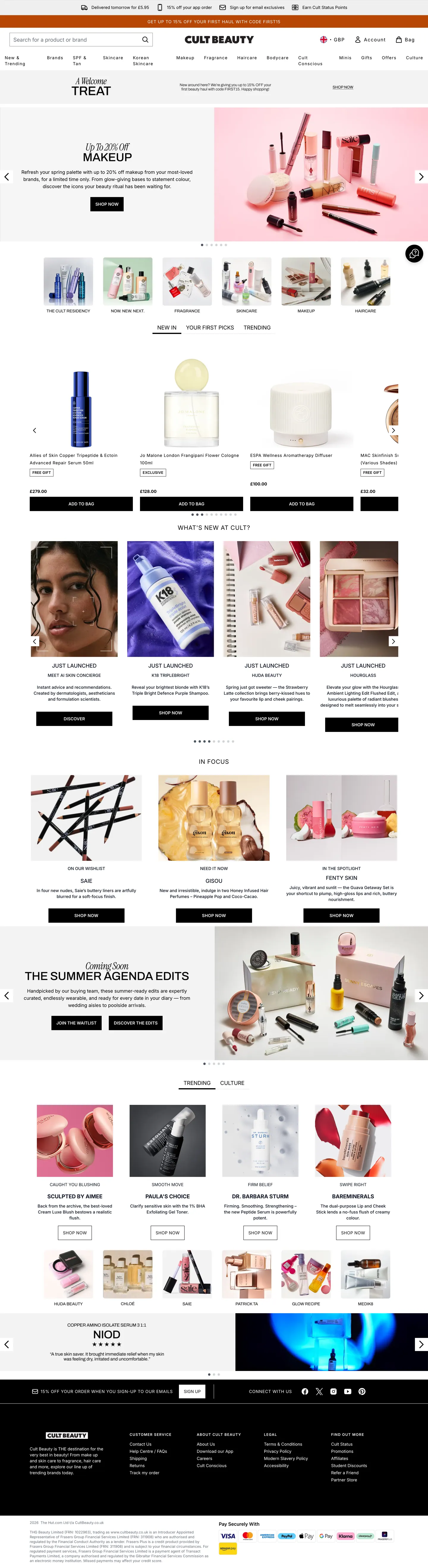 Home top section at Cult Beauty — annotated example